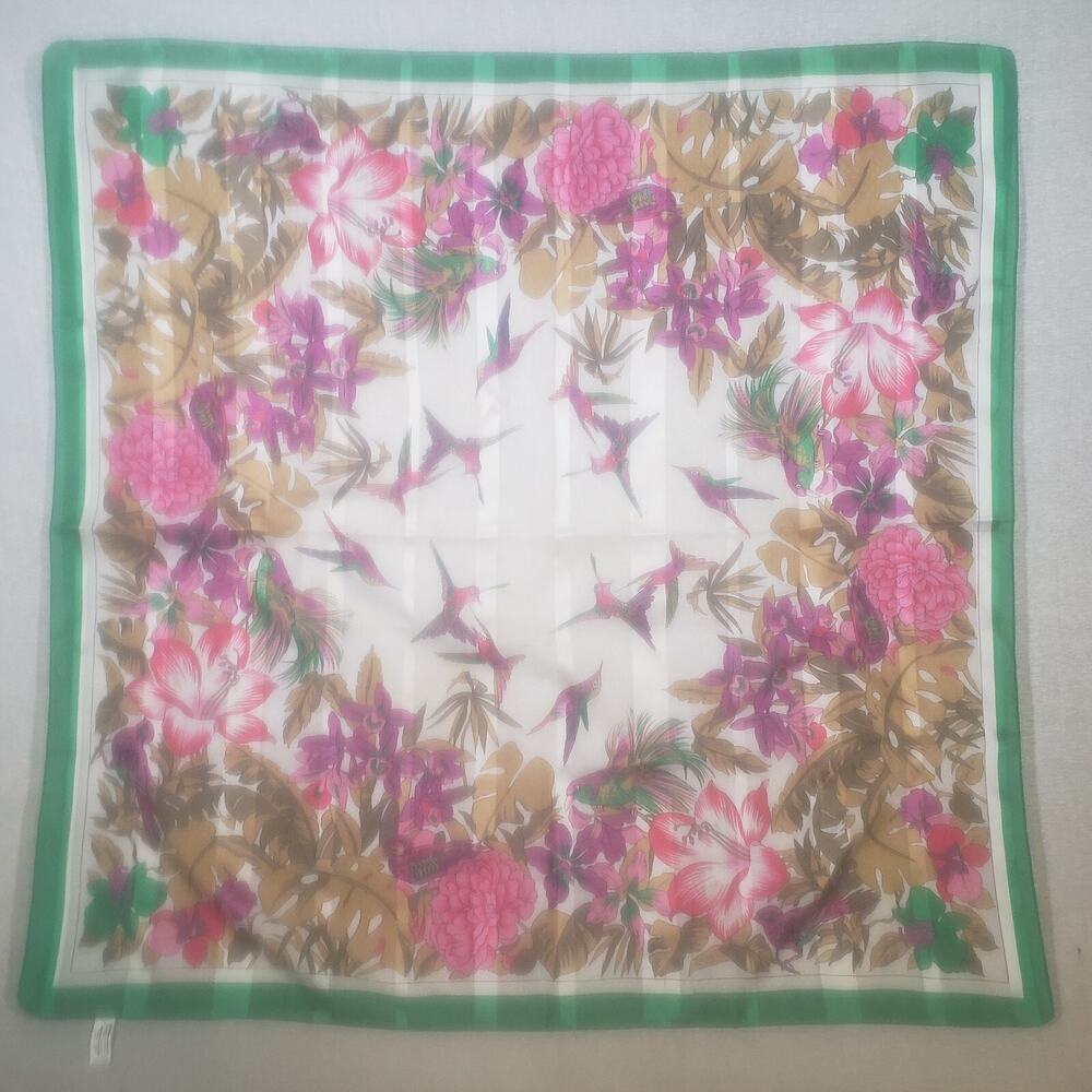 Italian Floral Hummingbird Scarf Green Purple 31” Cottagecore Retro Chic